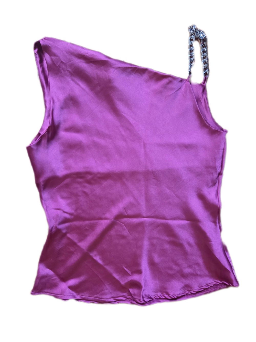 Rinascimento Magenta One-Shoulder Satin Camisole with Chain Strap
